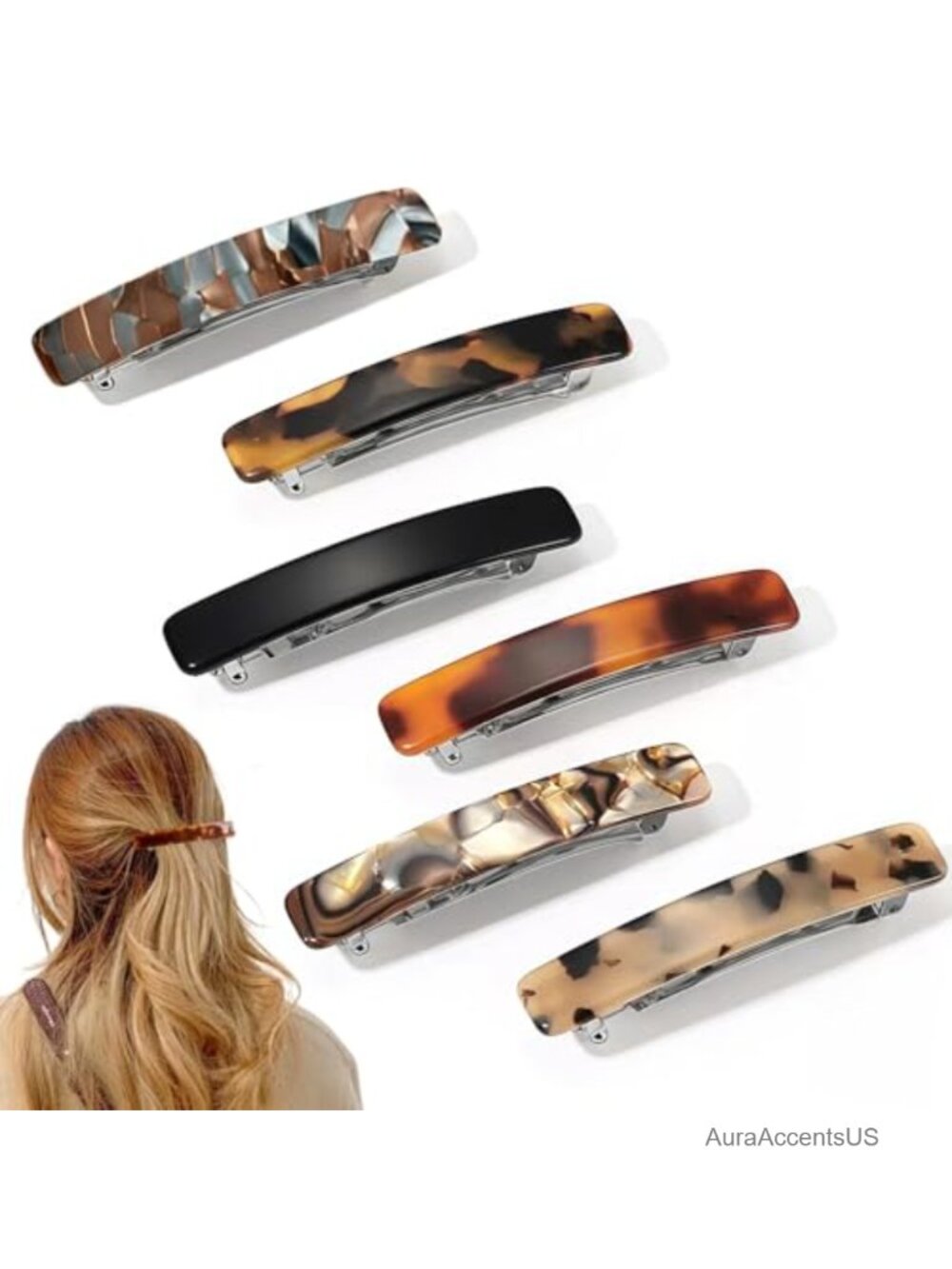 Set of 6 Acetate French Hair Clips Barrette for Women Push-Button Clasp